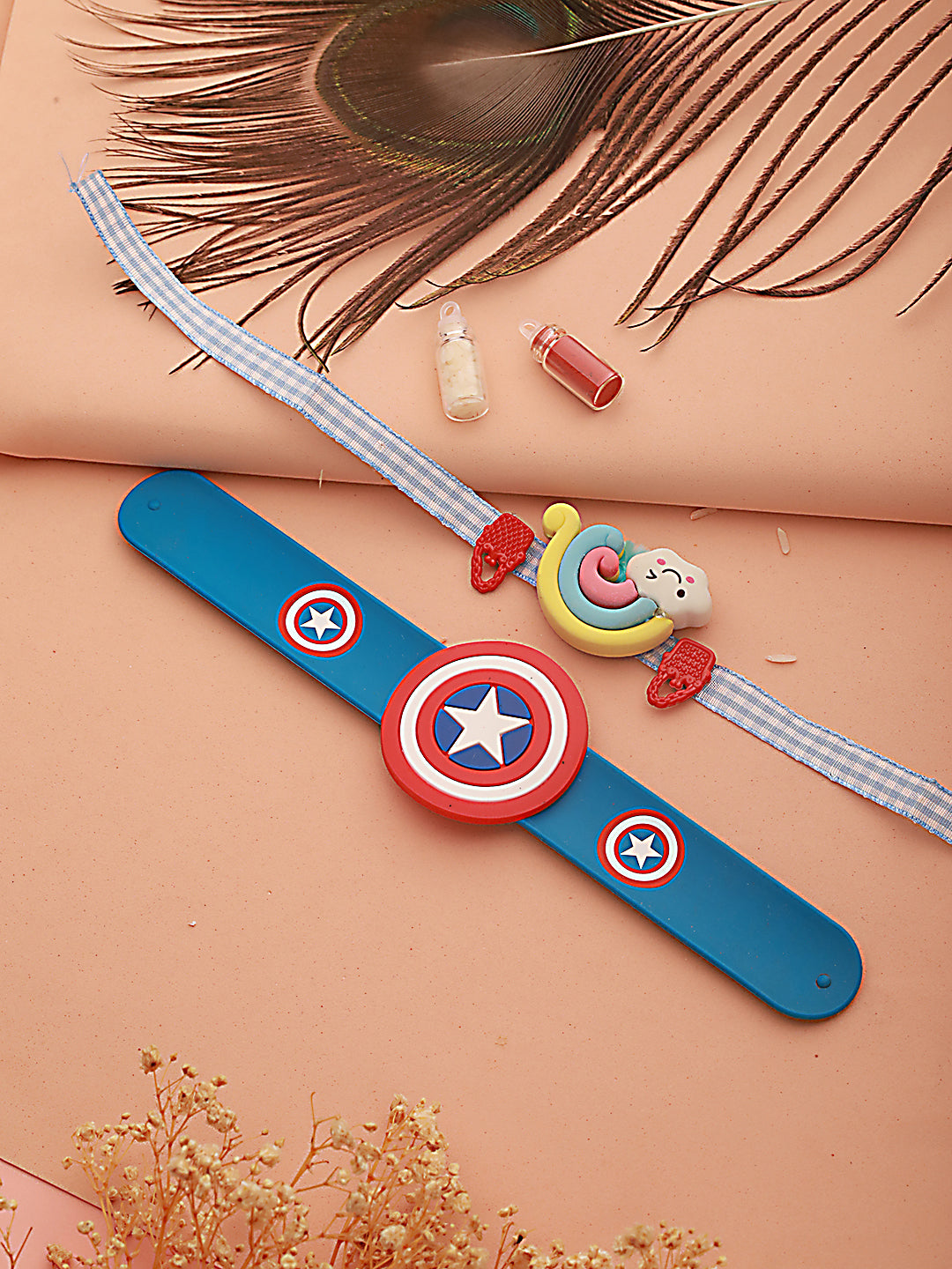 Set Of 2 Rainbow & Captain America Band Kids Rakhi With Roli &Chawal