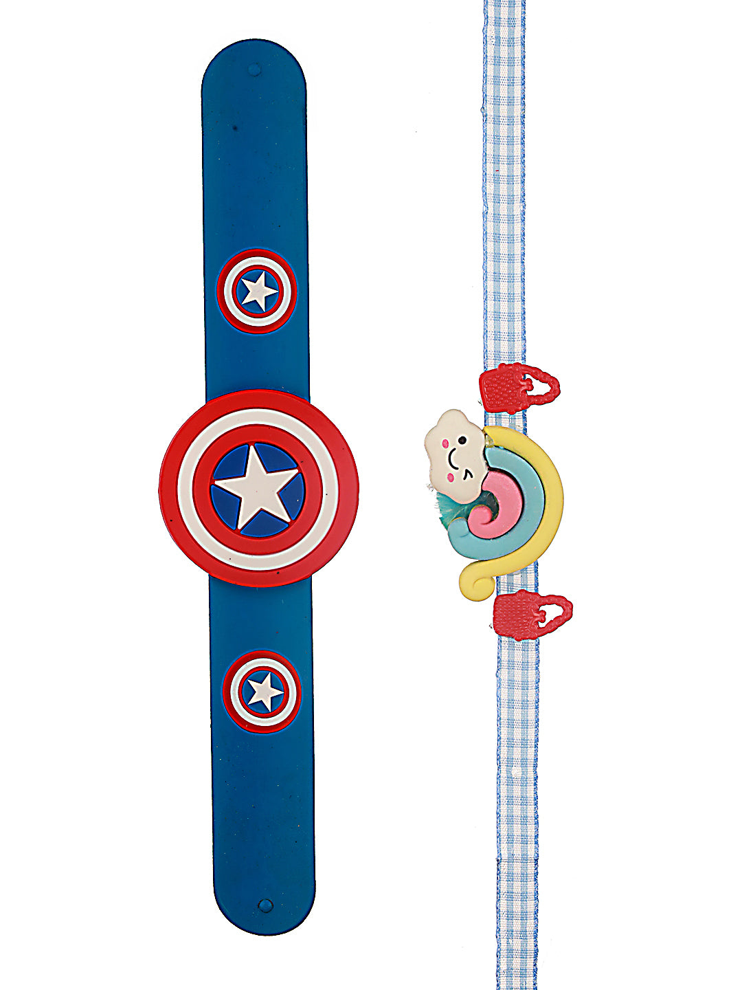 Set Of 2 Rainbow & Captain America Band Kids Rakhi With Roli &Chawal