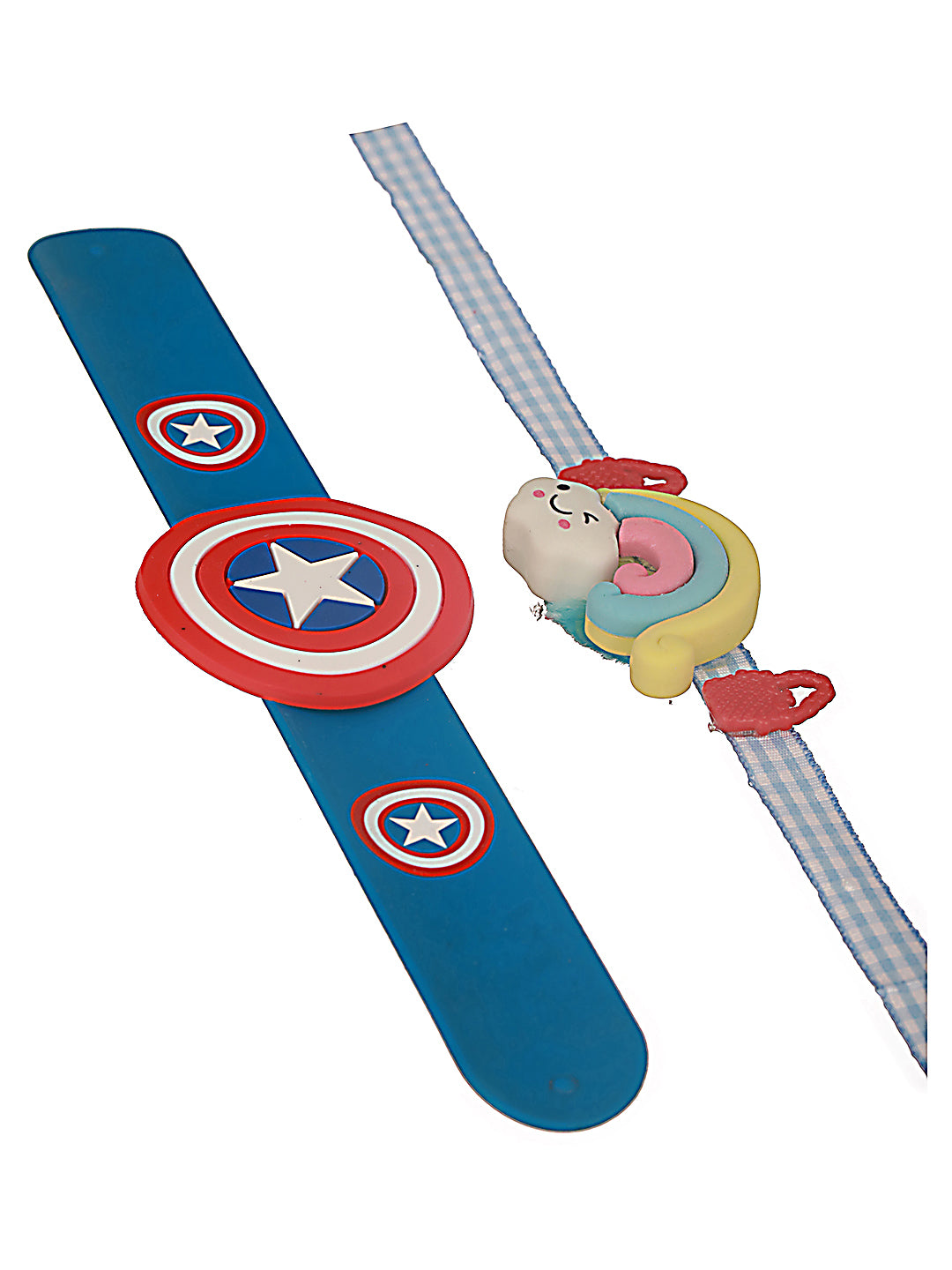 Set Of 2 Rainbow & Captain America Band Kids Rakhi With Roli &Chawal