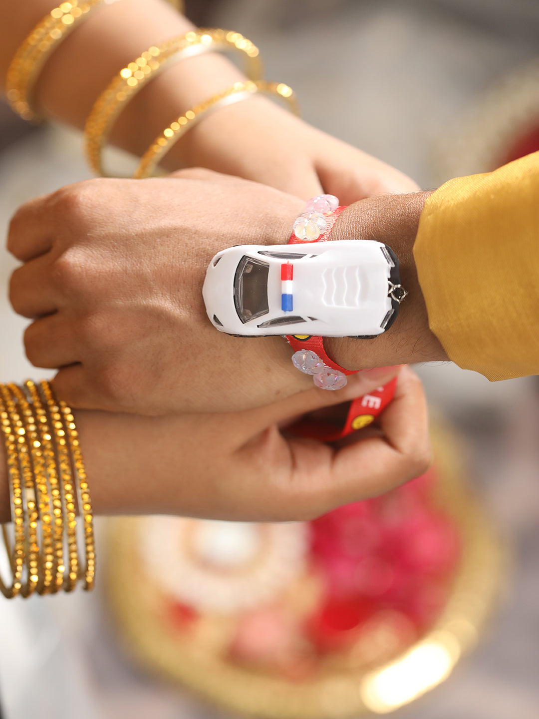 Set Of 2 Light Car (Blue Or White) & Watermelon Band Kids Rakhi With Roli & Chawal