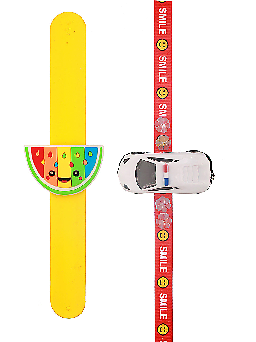 Set Of 2 Light Car (Blue Or White) & Watermelon Band Kids Rakhi With Roli & Chawal