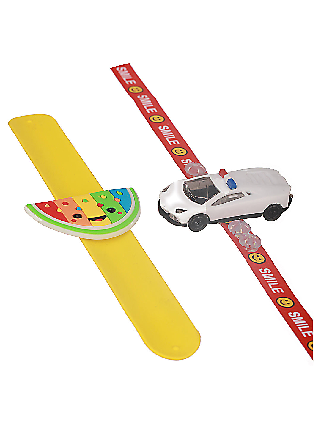 Set Of 2 Light Car (Blue Or White) & Watermelon Band Kids Rakhi With Roli & Chawal