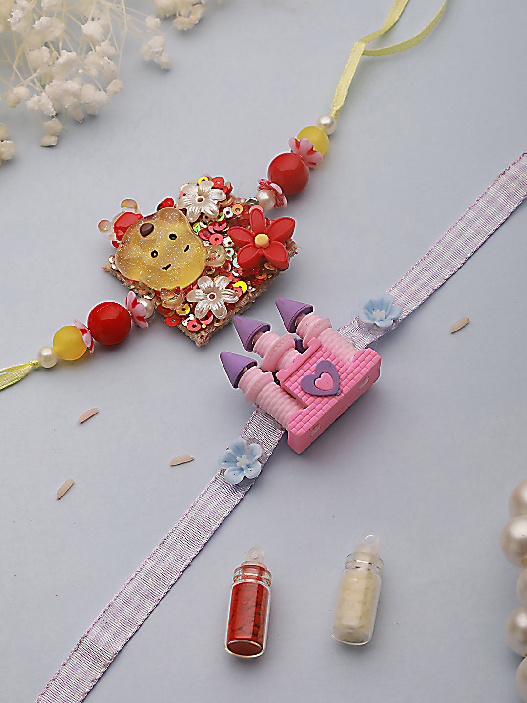 Unisex Set Of 2 Pooh Cartoon & Princess Castle Shape Eraser Kids Rakhi With Roli & Chawal