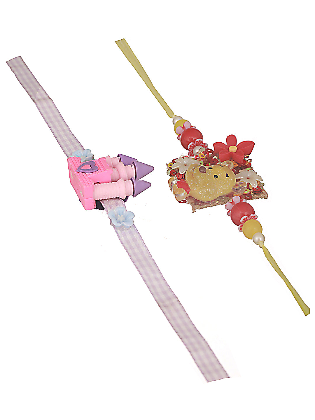 Unisex Set Of 2 Pooh Cartoon & Princess Castle Shape Eraser Kids Rakhi With Roli & Chawal