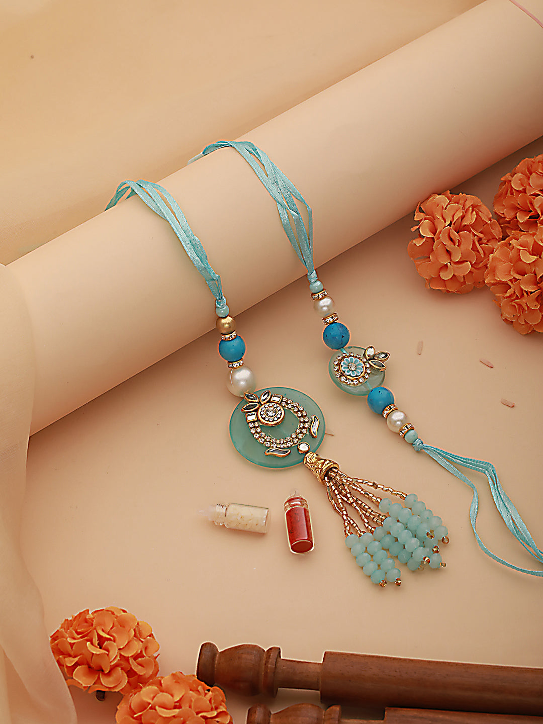 Jazz And Sizzle Set of 2 Crystal Studded & Pearl Tasseled Bhaiya Bhabhi Rakhi with Roli & Chawal