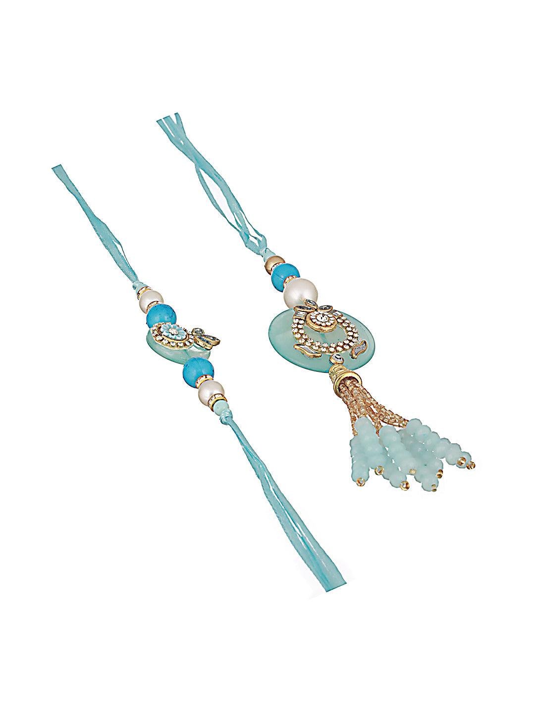 Jazz And Sizzle Set of 2 Crystal Studded & Pearl Tasseled Bhaiya Bhabhi Rakhi with Roli & Chawal