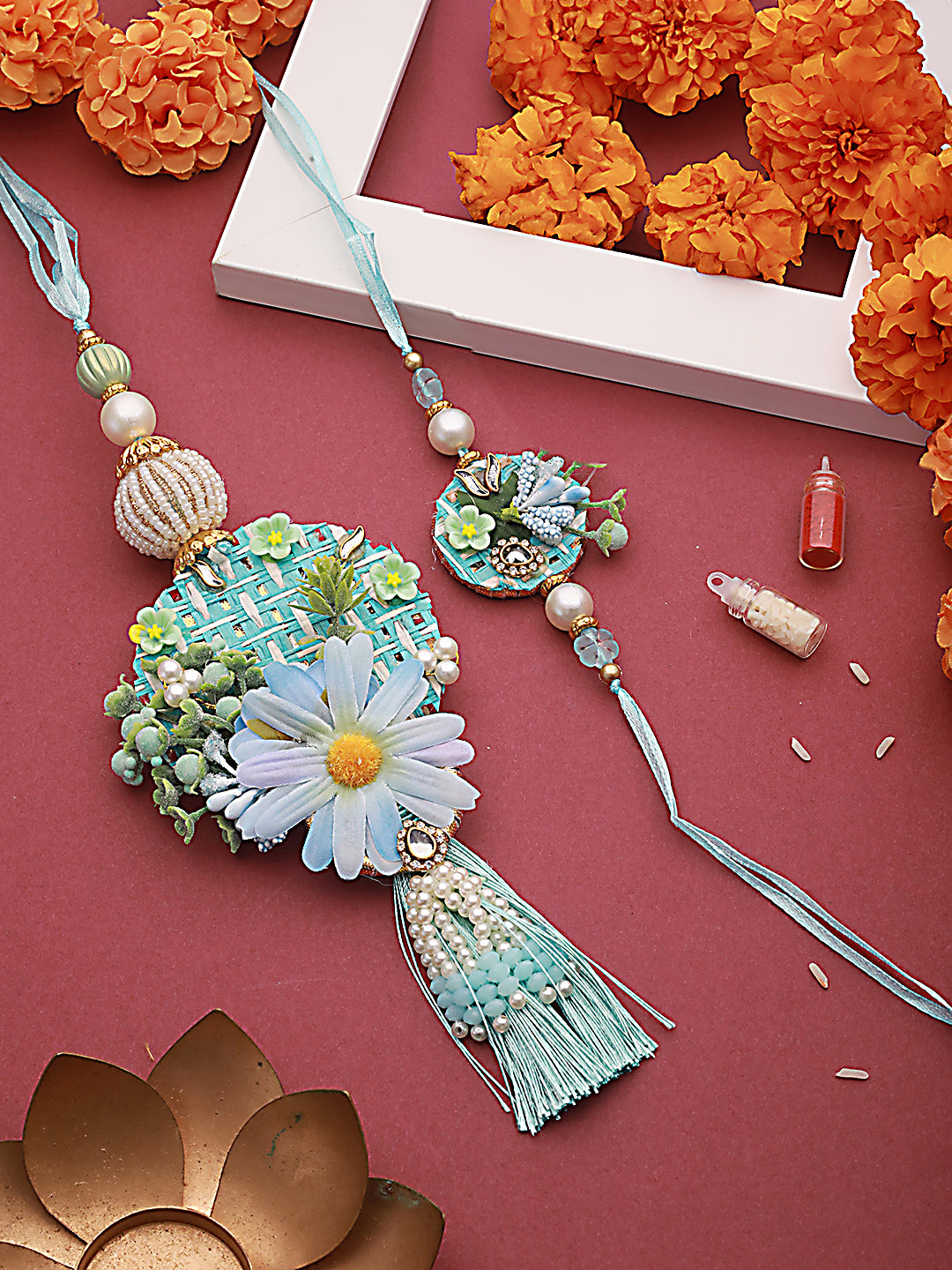 Jazz And Sizzle Set Of 2 Floral Work Tasseled Bhaiya Bhabhi Rakhi With Roli & Chawal