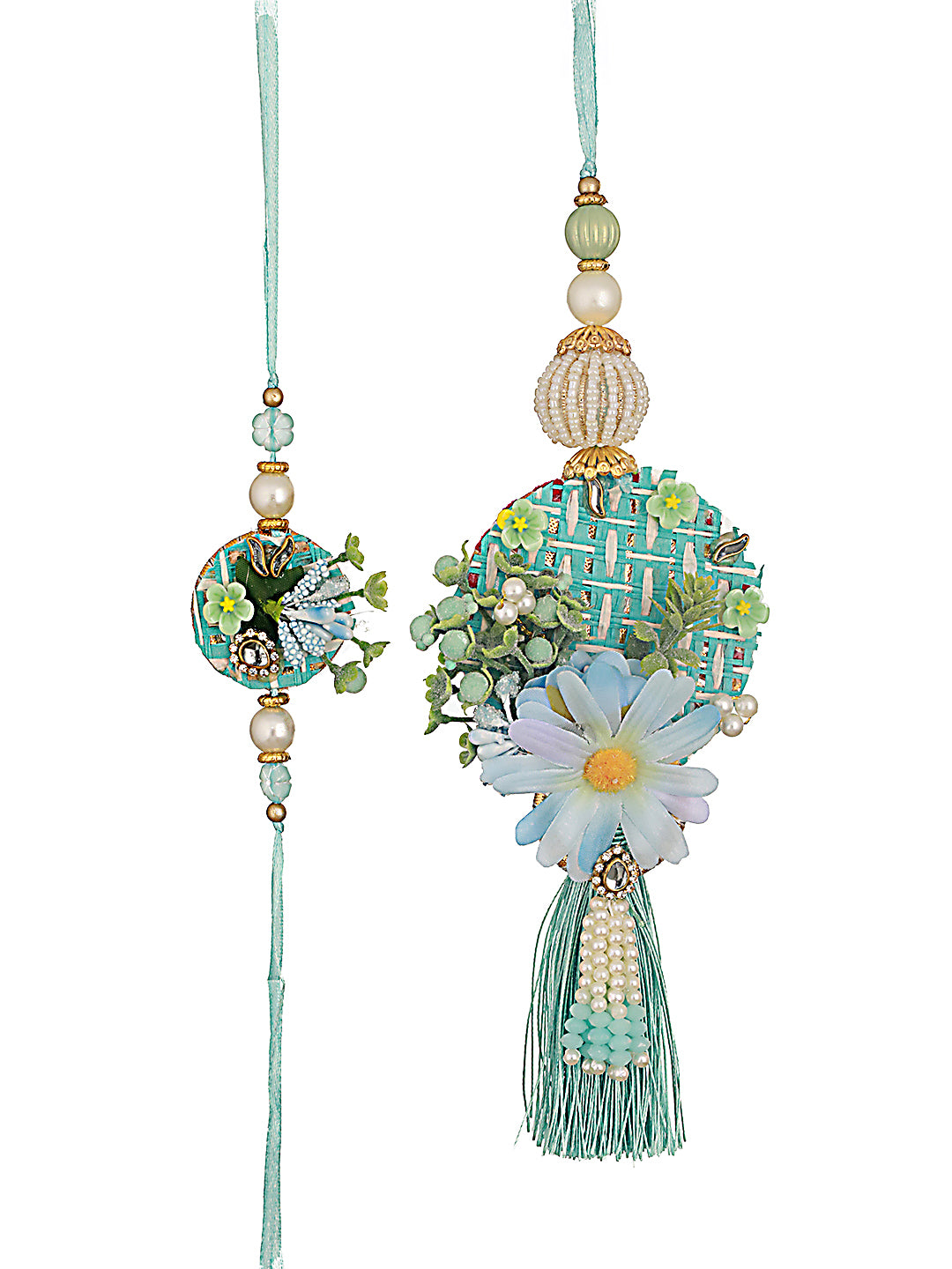 Jazz And Sizzle Set Of 2 Floral Work Tasseled Bhaiya Bhabhi Rakhi With Roli & Chawal