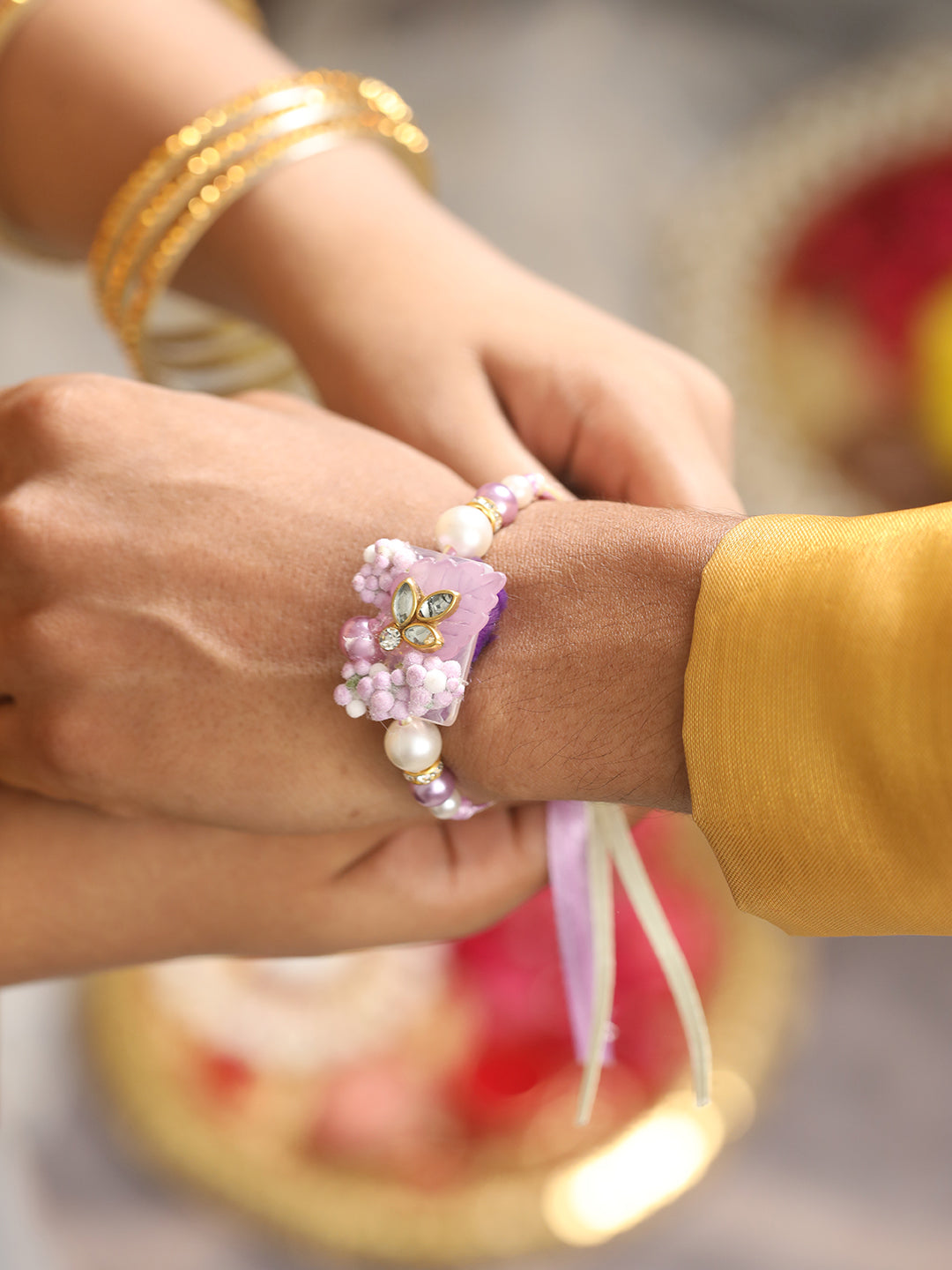 Set Of 2 Floral & Lace Work Bhaiya Bhabhi Rakhi With Roli & Chawal