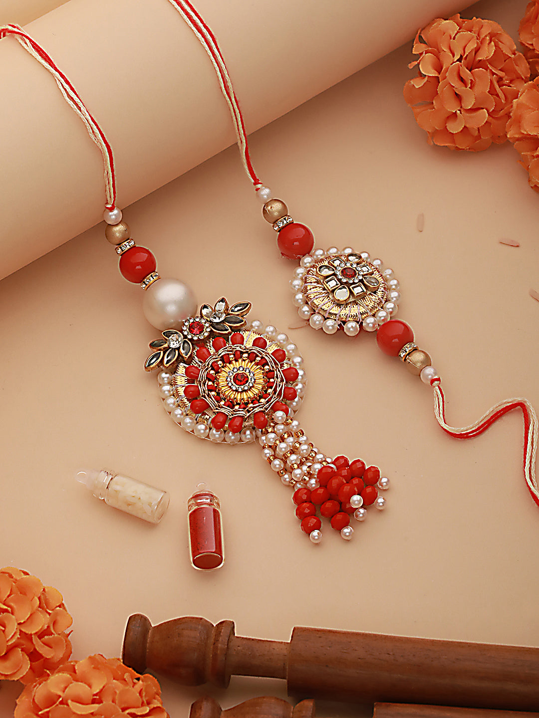 Set Of 2 Round Shaped Orange Kundan & Artificial Stone Studded Bhaiya Bhabhi Rakhi With Roli & Chawal