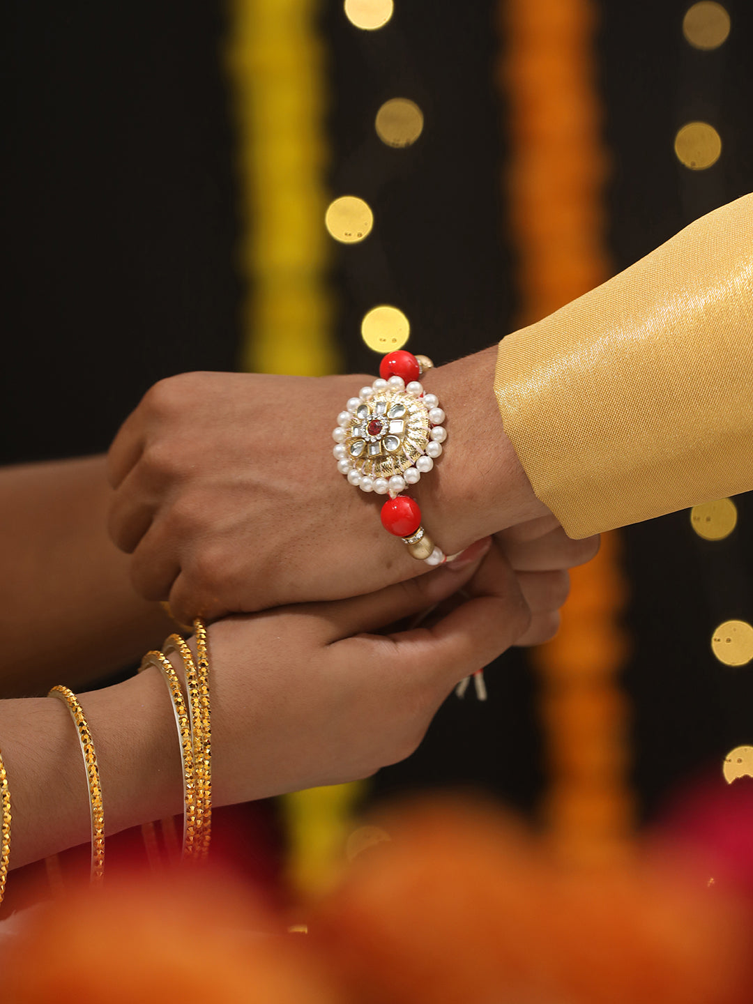 Set Of 2 Round Shaped Orange Kundan & Artificial Stone Studded Bhaiya Bhabhi Rakhi With Roli & Chawal