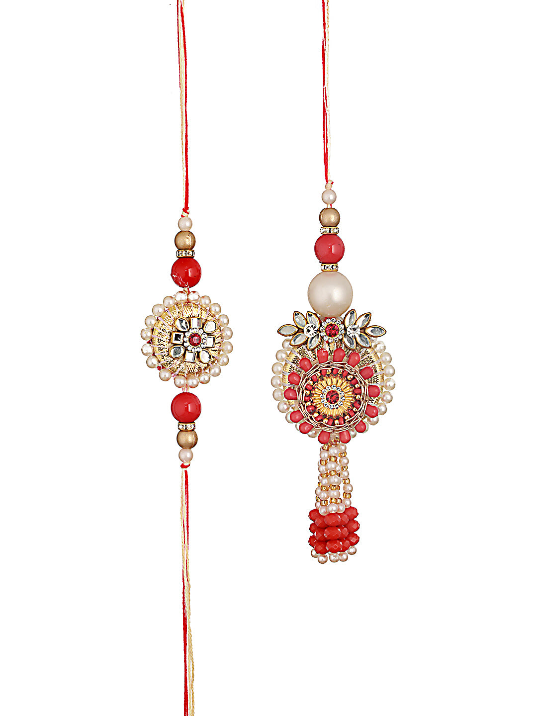 Set Of 2 Round Shaped Orange Kundan & Artificial Stone Studded Bhaiya Bhabhi Rakhi With Roli & Chawal