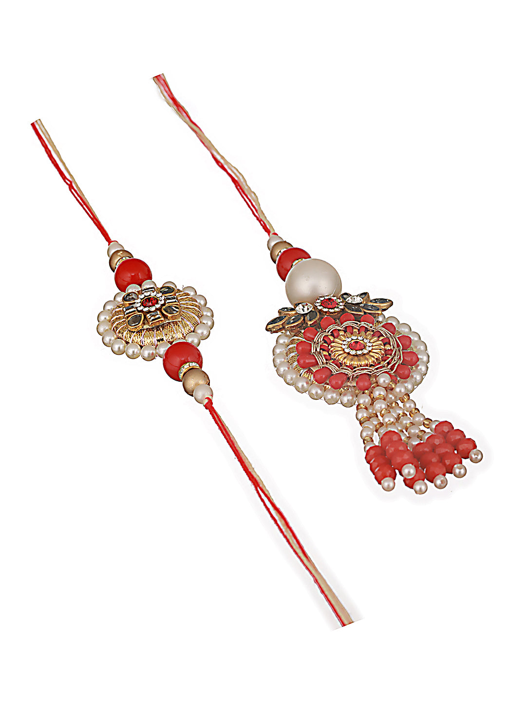 Set Of 2 Round Shaped Orange Kundan & Artificial Stone Studded Bhaiya Bhabhi Rakhi With Roli & Chawal