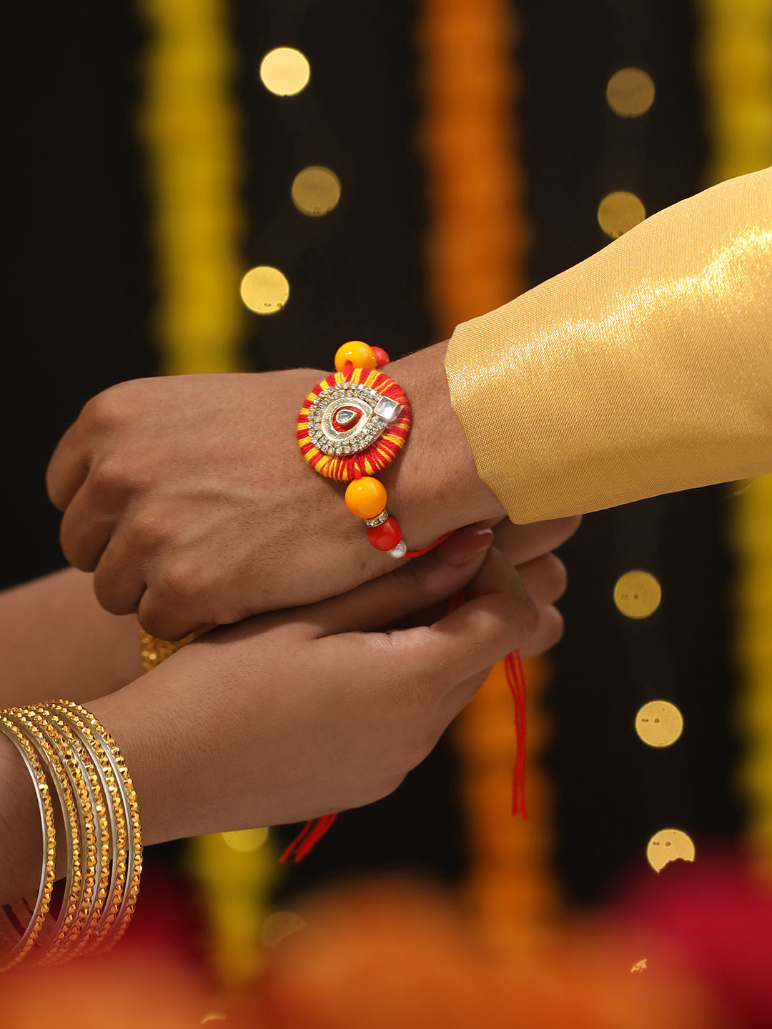 Jazz And Sizzle Set Of 2 Round Shaped Orange Kundan & Pearl Beaded Bhaiya Bhabhi Rakhi