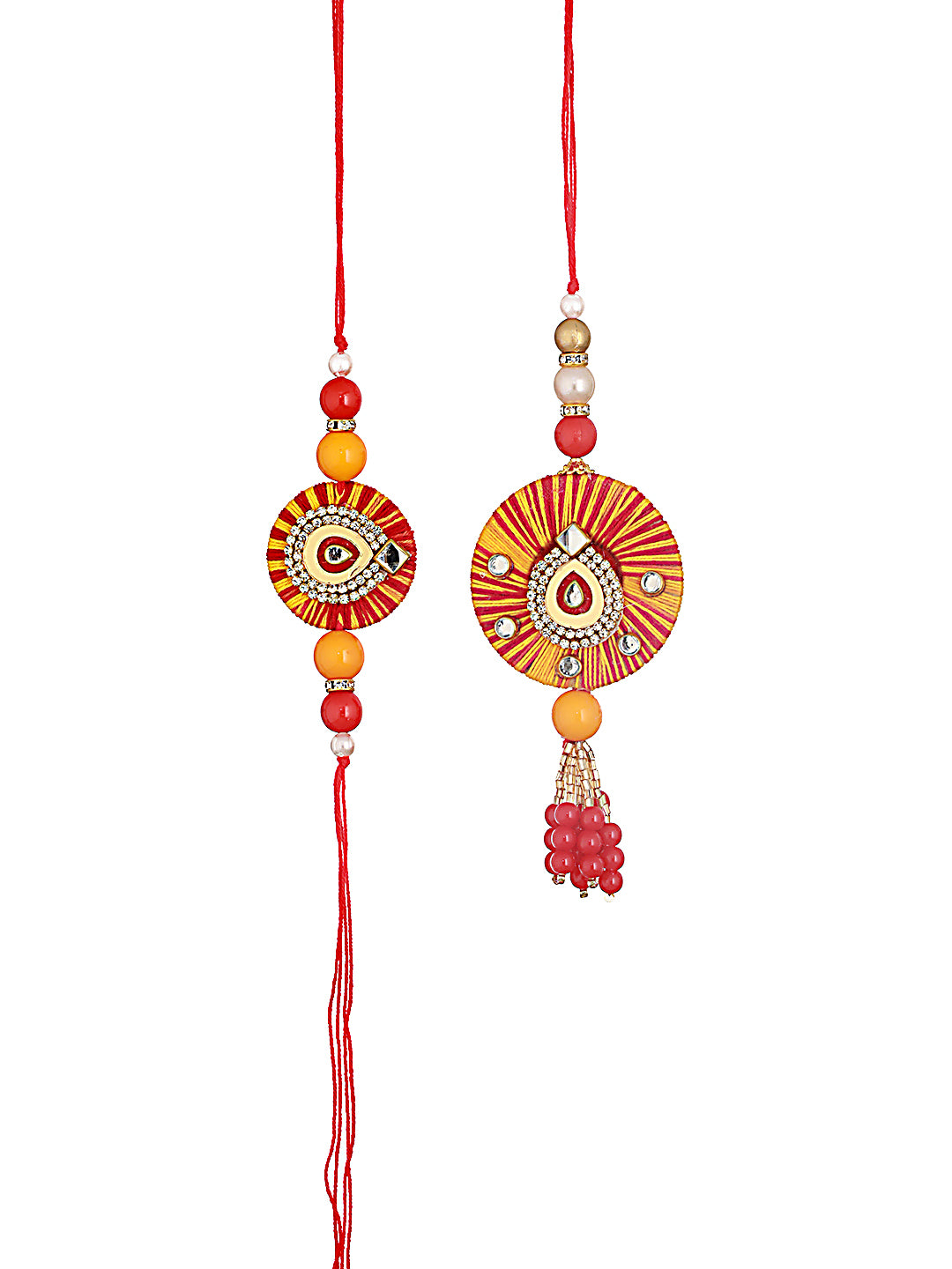 Jazz And Sizzle Set Of 2 Round Shaped Orange Kundan & Pearl Beaded Bhaiya Bhabhi Rakhi