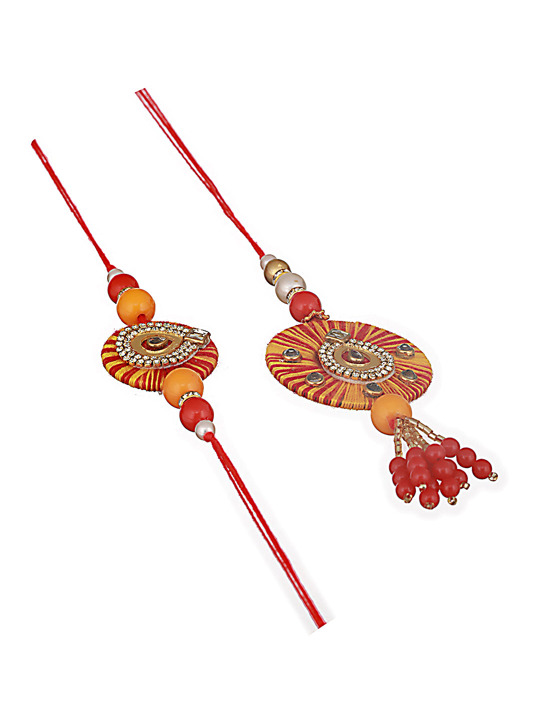 Jazz And Sizzle Set Of 2 Round Shaped Orange Kundan & Pearl Beaded Bhaiya Bhabhi Rakhi