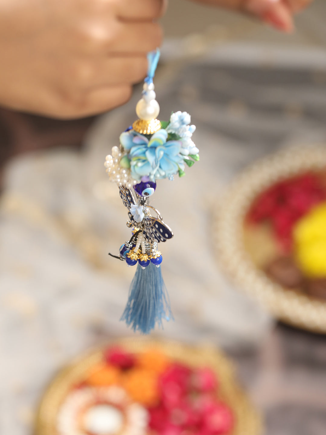 Designer Butterfly Shaped Designer Evil Eye Key Chain Floral Lumba Rakhi With Roli & Chawal