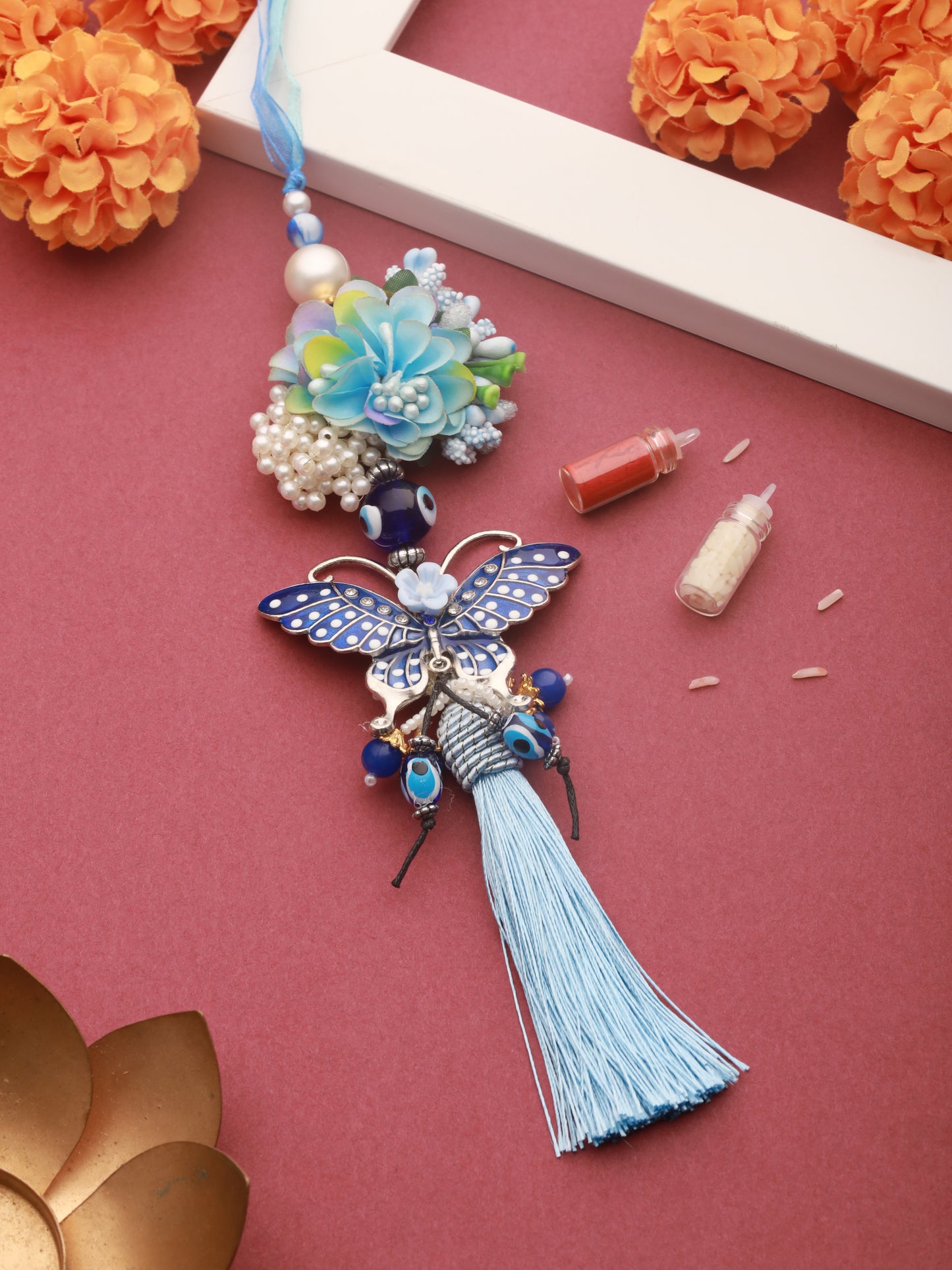 Designer Butterfly Shaped Designer Evil Eye Key Chain Floral Lumba Rakhi With Roli & Chawal