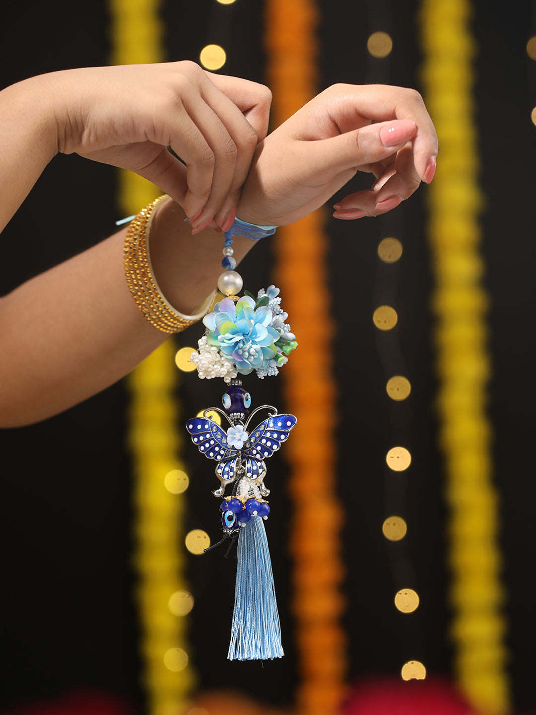 Jazz And Sizzle Designer Butterfly Shaped Designer Evil Eye Key Chain Floral Lumba Rakhi