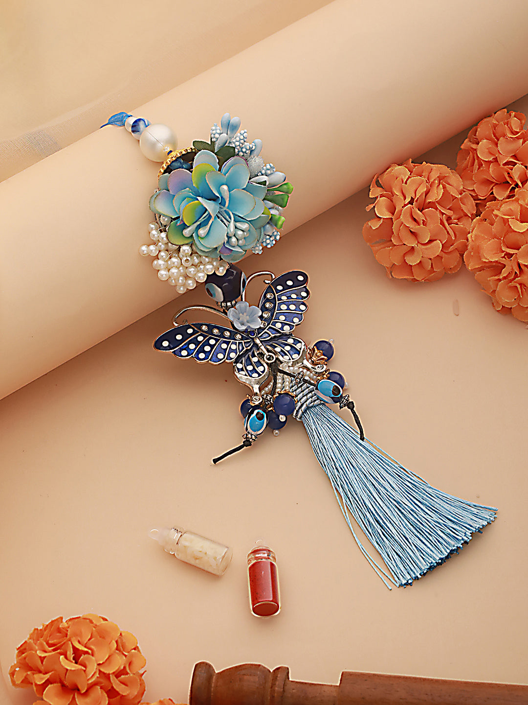 Jazz And Sizzle Designer Butterfly Shaped Designer Evil Eye Key Chain Floral Lumba Rakhi