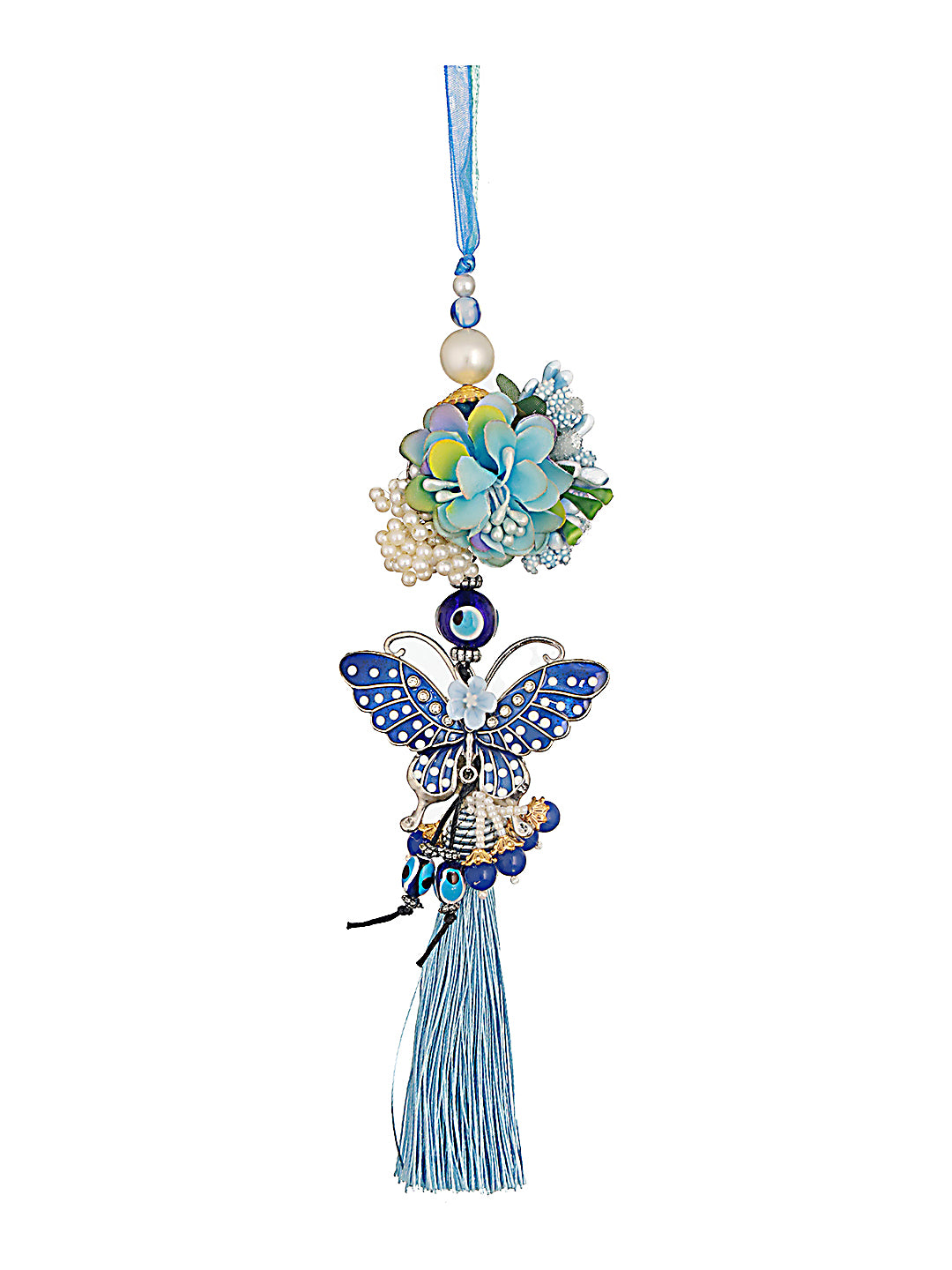 Designer Butterfly Shaped Designer Evil Eye Key Chain Floral Lumba Rakhi With Roli & Chawal