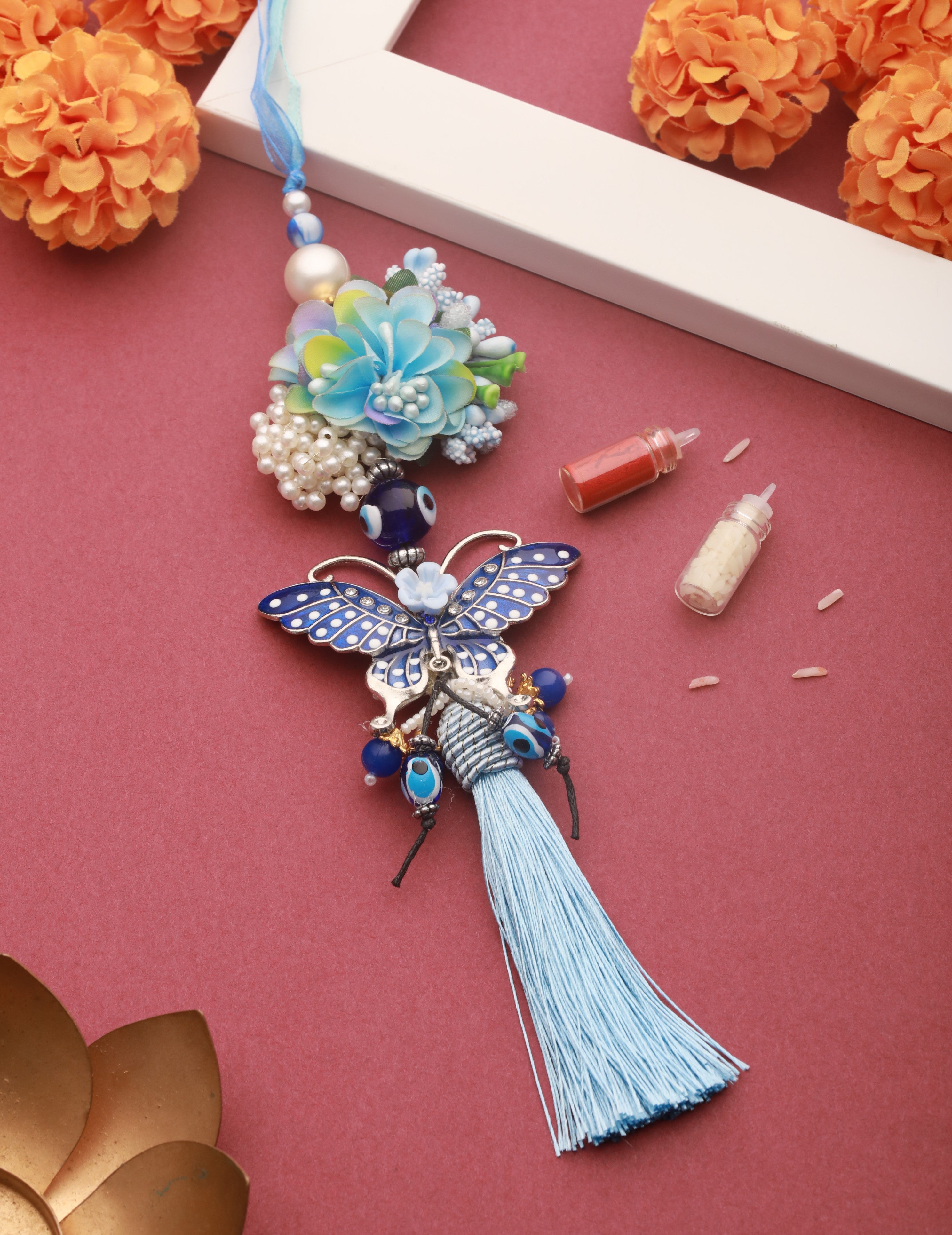 Jazz And Sizzle Designer Butterfly Shaped Designer Evil Eye Key Chain Floral Lumba Rakhi