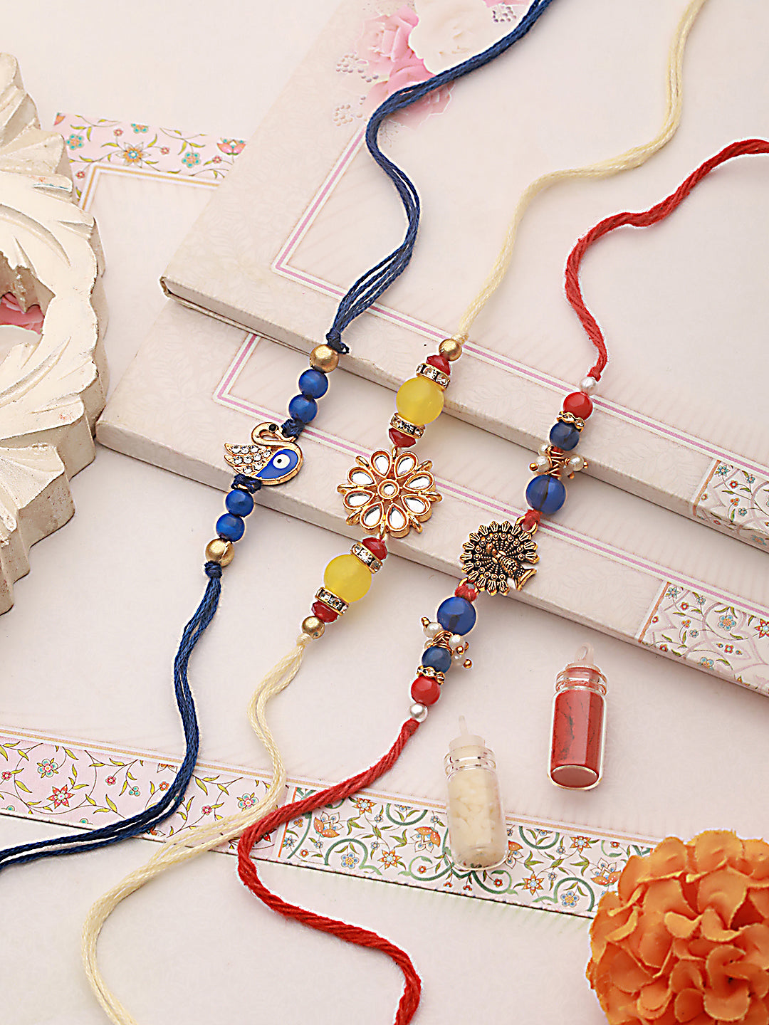 Jazz And Sizzle Unisex Set Of 3 Peacock Evil Eye Pearl Beaded Rakhi