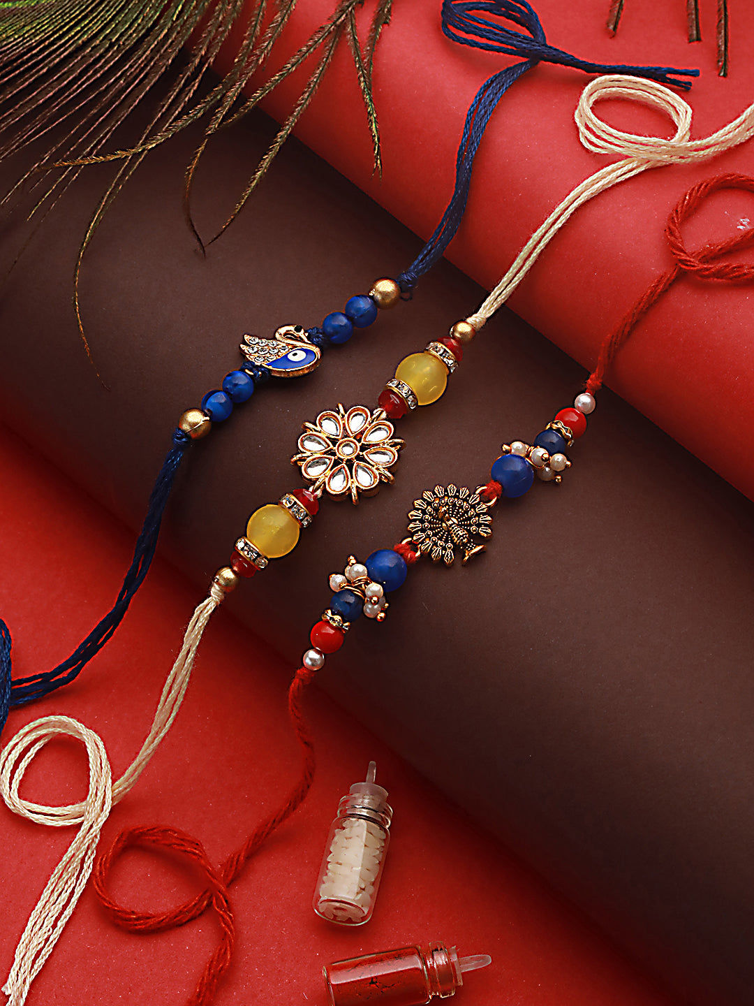 Unisex Set Of 3 Peacock Eveil Eye Pearl Beaded Rakhi With Roli & Chawal