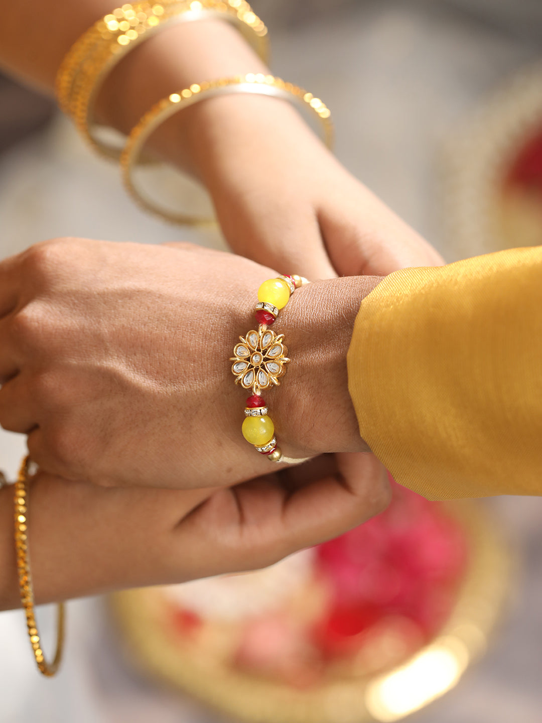 Unisex Set Of 3 Peacock Eveil Eye Pearl Beaded Rakhi With Roli & Chawal