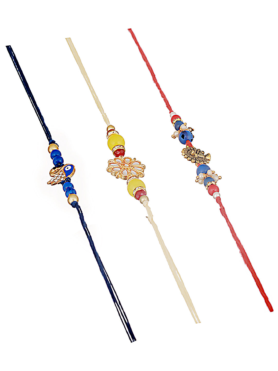 Unisex Set Of 3 Peacock Eveil Eye Pearl Beaded Rakhi With Roli & Chawal