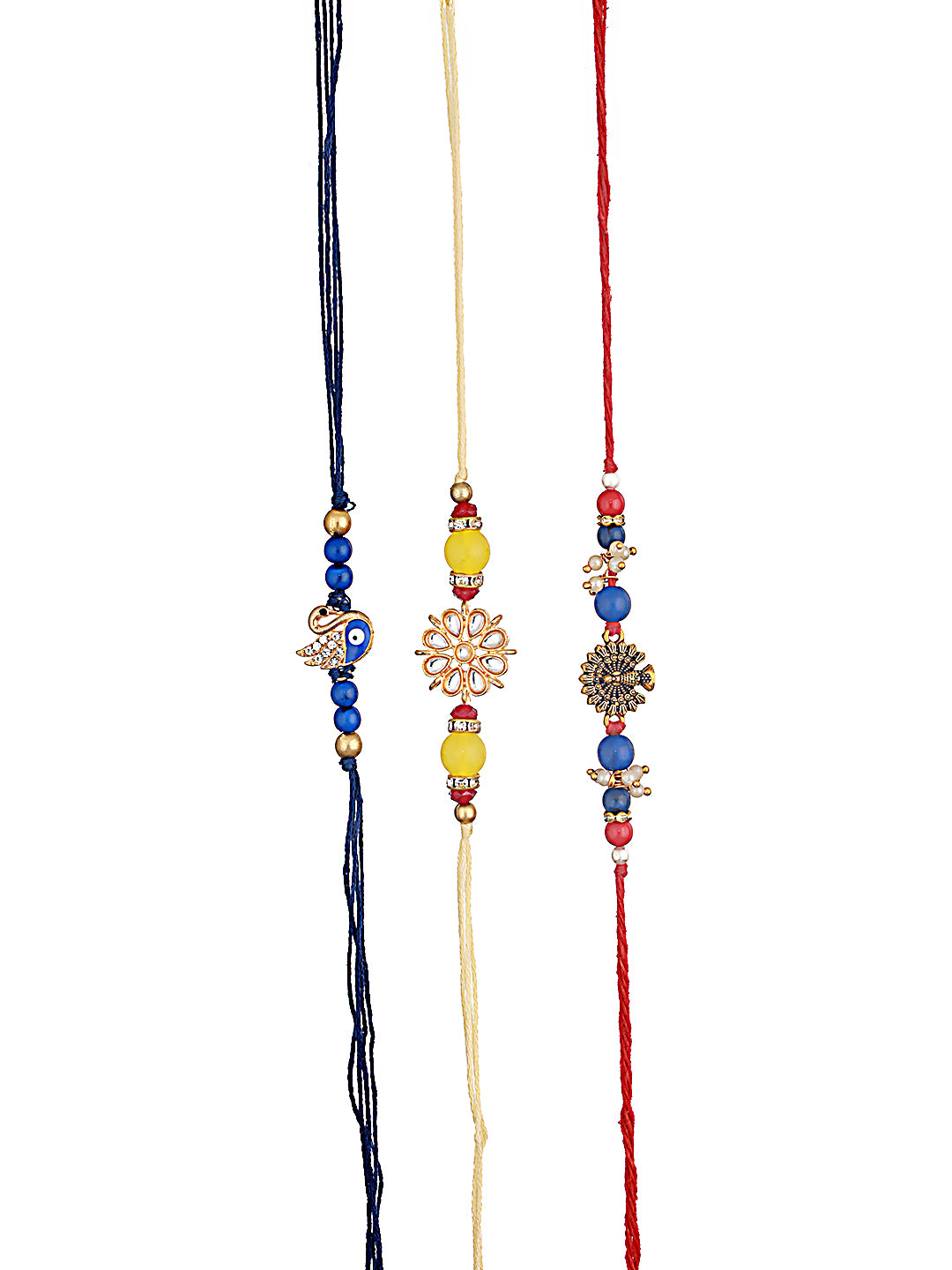 Unisex Set Of 3 Peacock Eveil Eye Pearl Beaded Rakhi With Roli & Chawal