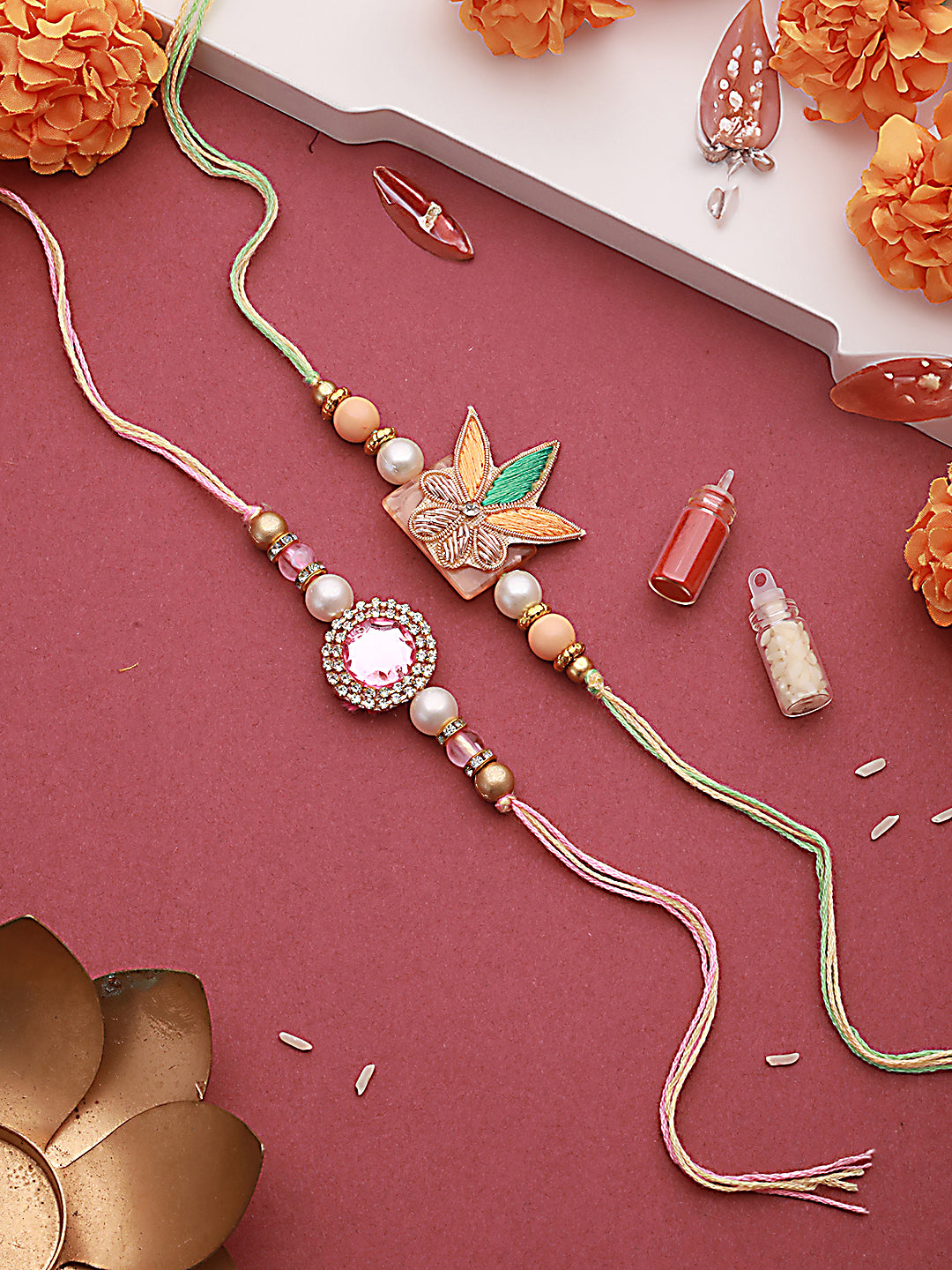 Jazz And Sizzle Unisex Set Of 2 Stone Studded & Floral Rakhi With Roli & Chawal