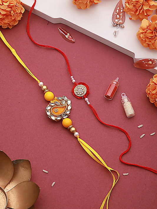 Unisex Set Of 2 Red & Yellow Leaf Shaped Rakhi With Roli & Chawal