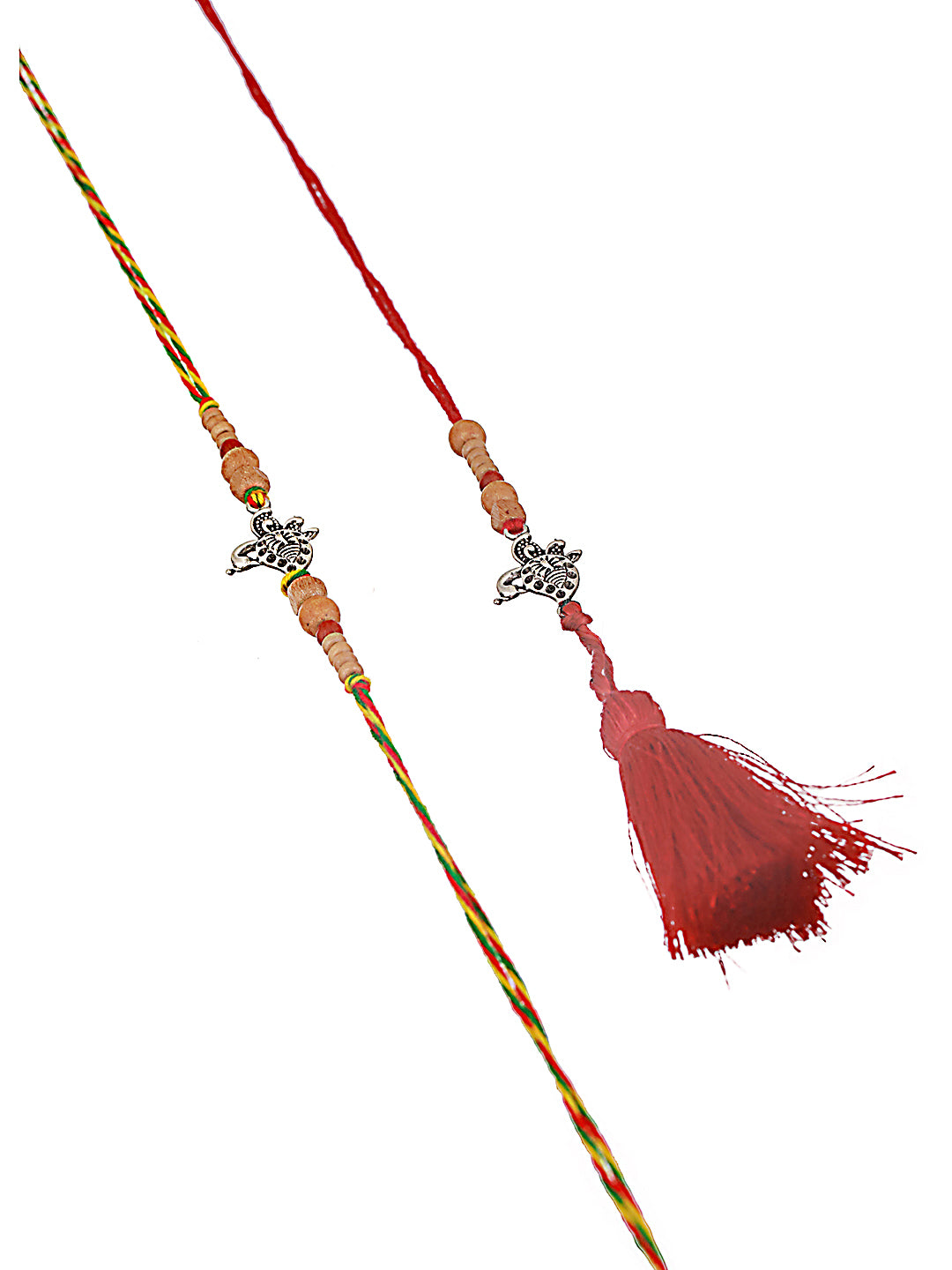 Set Of 2 Peacock Shaped Bhaiya Bhabhi Tasselled Rakhi With Roli & Chawal