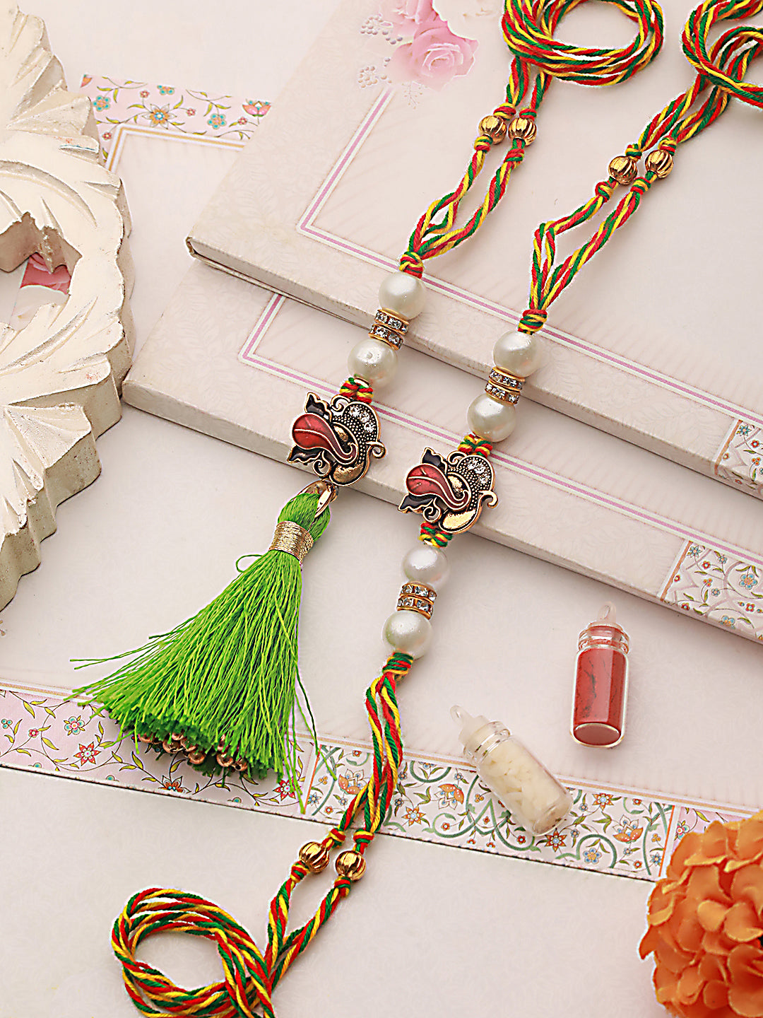 Set Of 2 Ganesha Bhaiya Bhabhi Tasselled Rakhi With Roli & Chawal