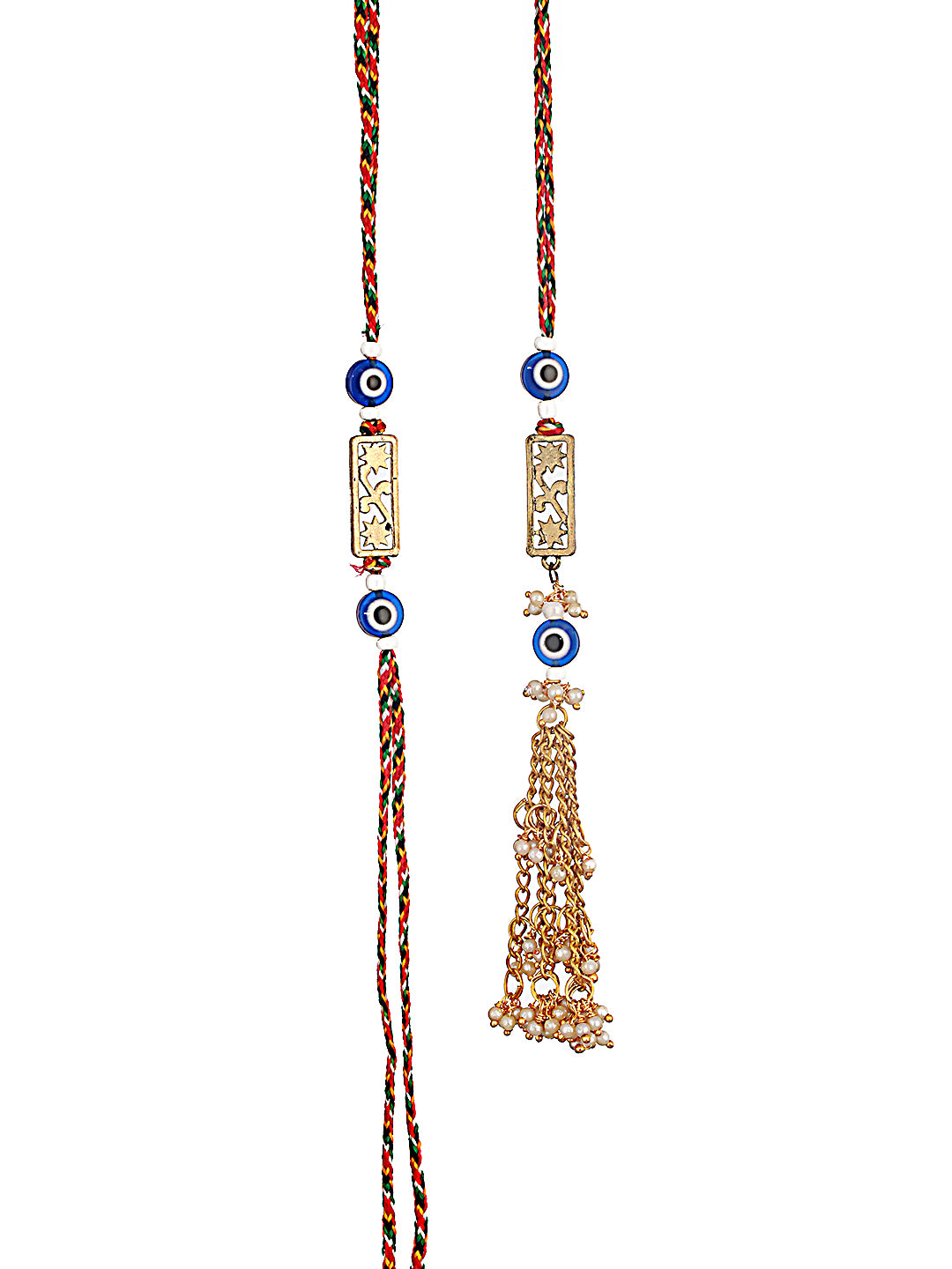 Set Of 2 Evil Eye & Floral Motif Bhaiya Bhabhi Tasseled Rakhi With Roli & Chawal