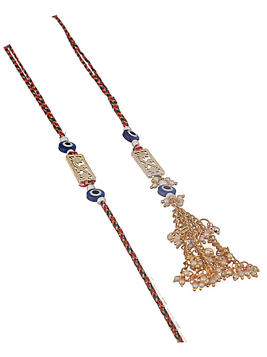 Set Of 2 Evil Eye & Floral Motif Bhaiya Bhabhi Tasseled Rakhi With Roli & Chawal