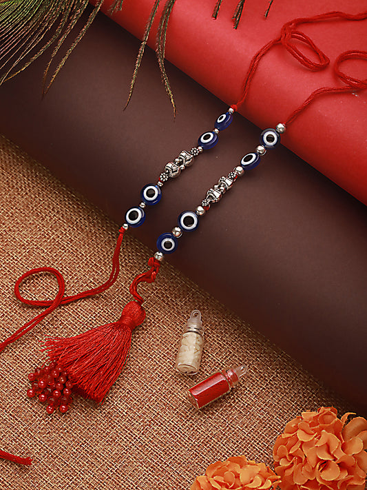 Set Of 2 Evil Eye Bhaiya Bhabhi Tasseled Rakhi With Roli & Chawal