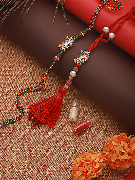 Set Of 2 Peacock Shaped Bhaiya Bhabhi Tasseled Rakhi With Roli & Chawal