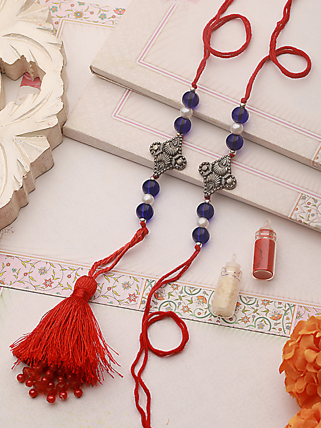 Set Of 2 Pearl Beaded Bhaiya Bhabhi Tasseled Rakhi With Roli & Chawal