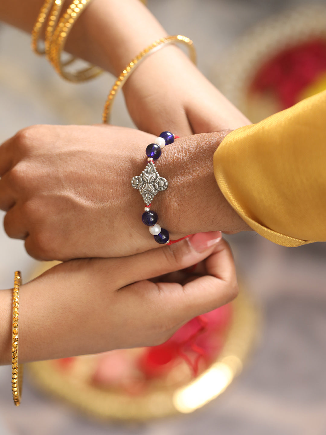 Set Of 2 Pearl Beaded Bhaiya Bhabhi Tasseled Rakhi With Roli & Chawal