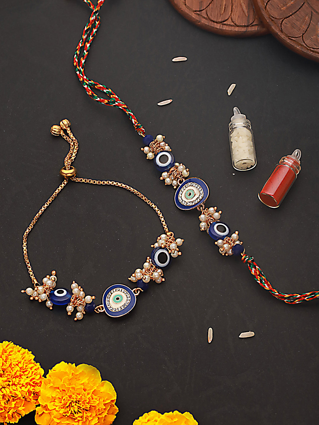 Set Of 2 Evil Eye & Mogra Beaded Bhaiya Bhabhi Rakhi With Roli & Chawal