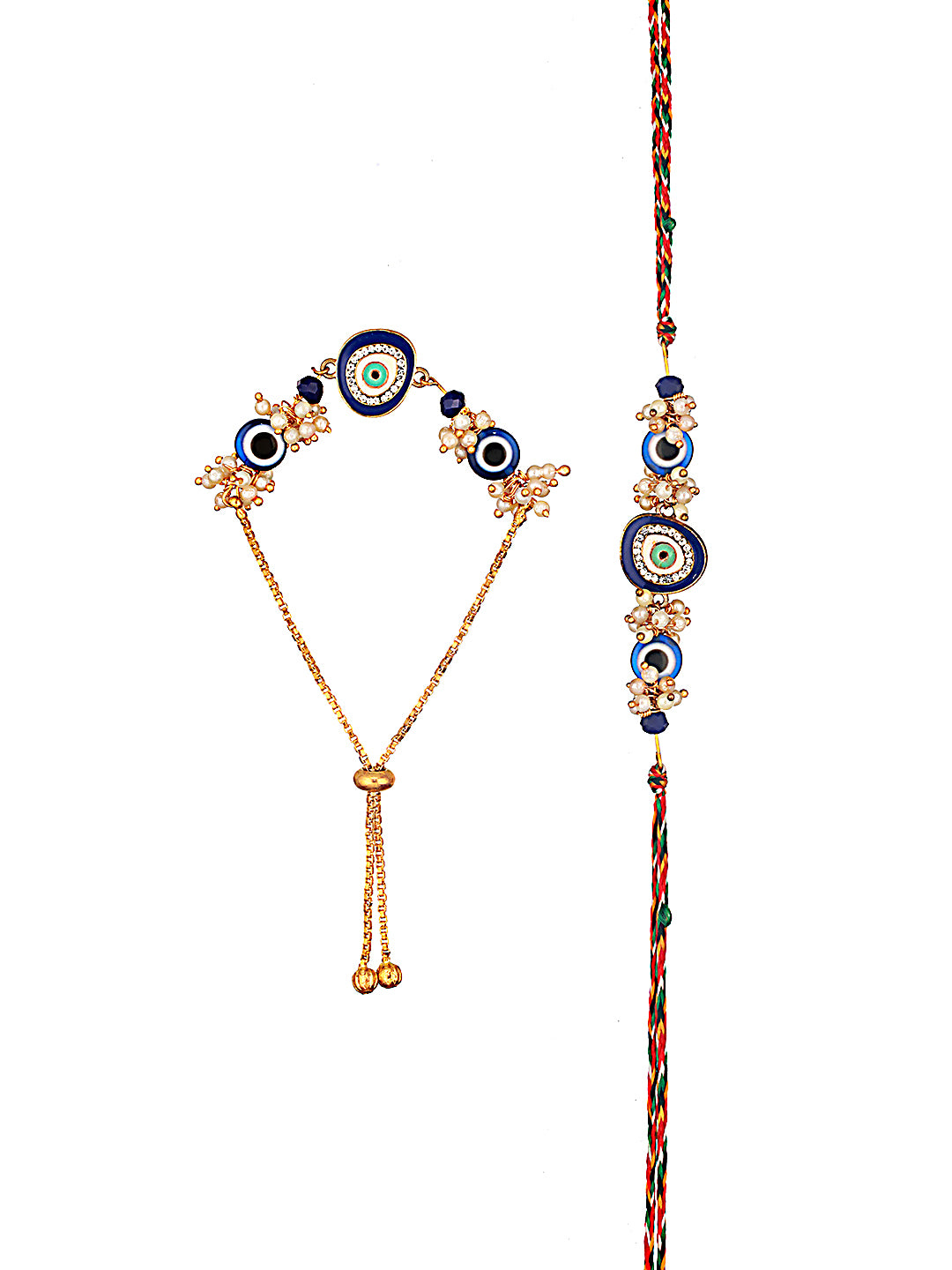 Set Of 2 Evil Eye & Mogra Beaded Bhaiya Bhabhi Rakhi With Roli & Chawal