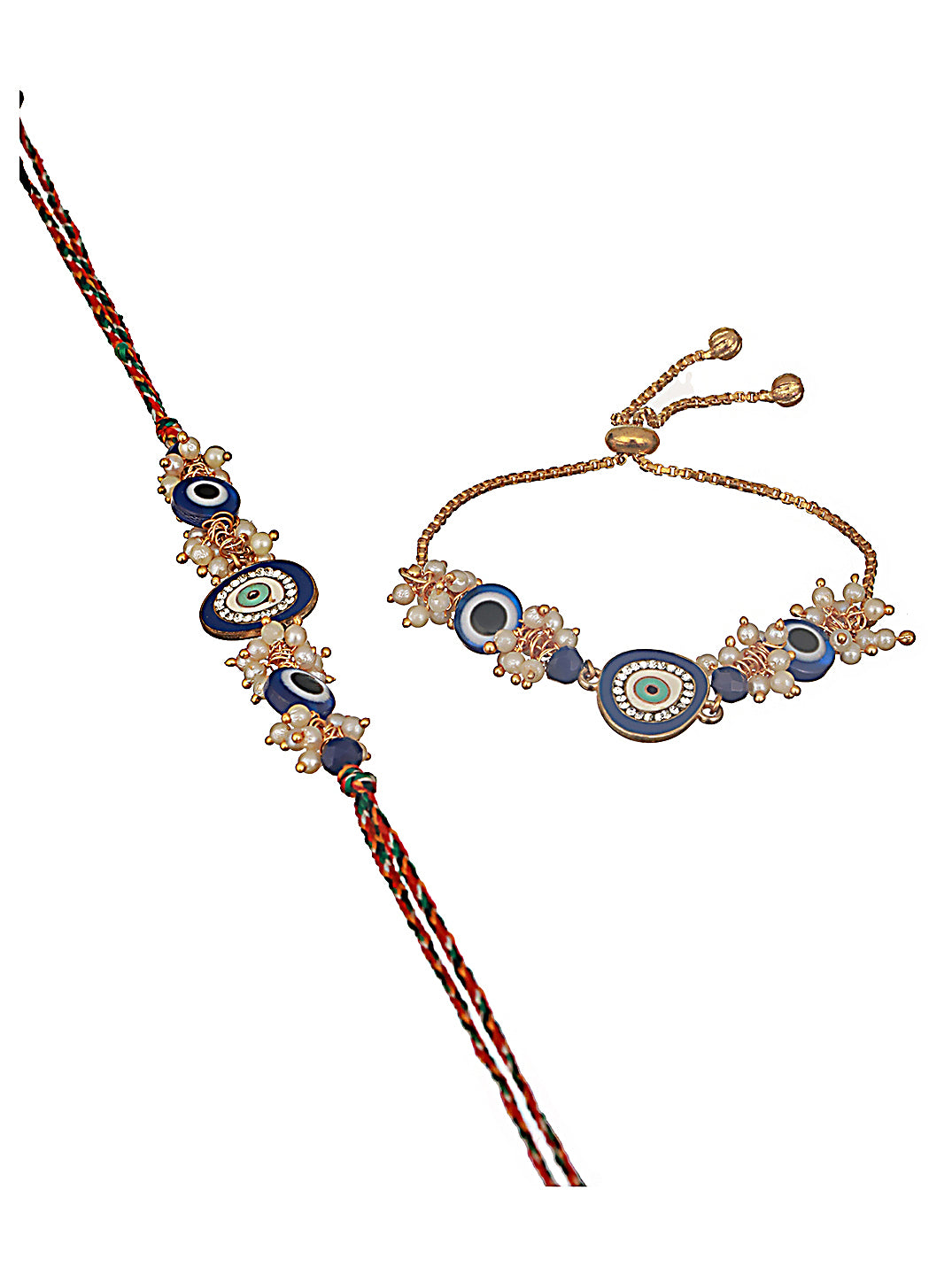 Set Of 2 Evil Eye & Mogra Beaded Bhaiya Bhabhi Rakhi With Roli & Chawal