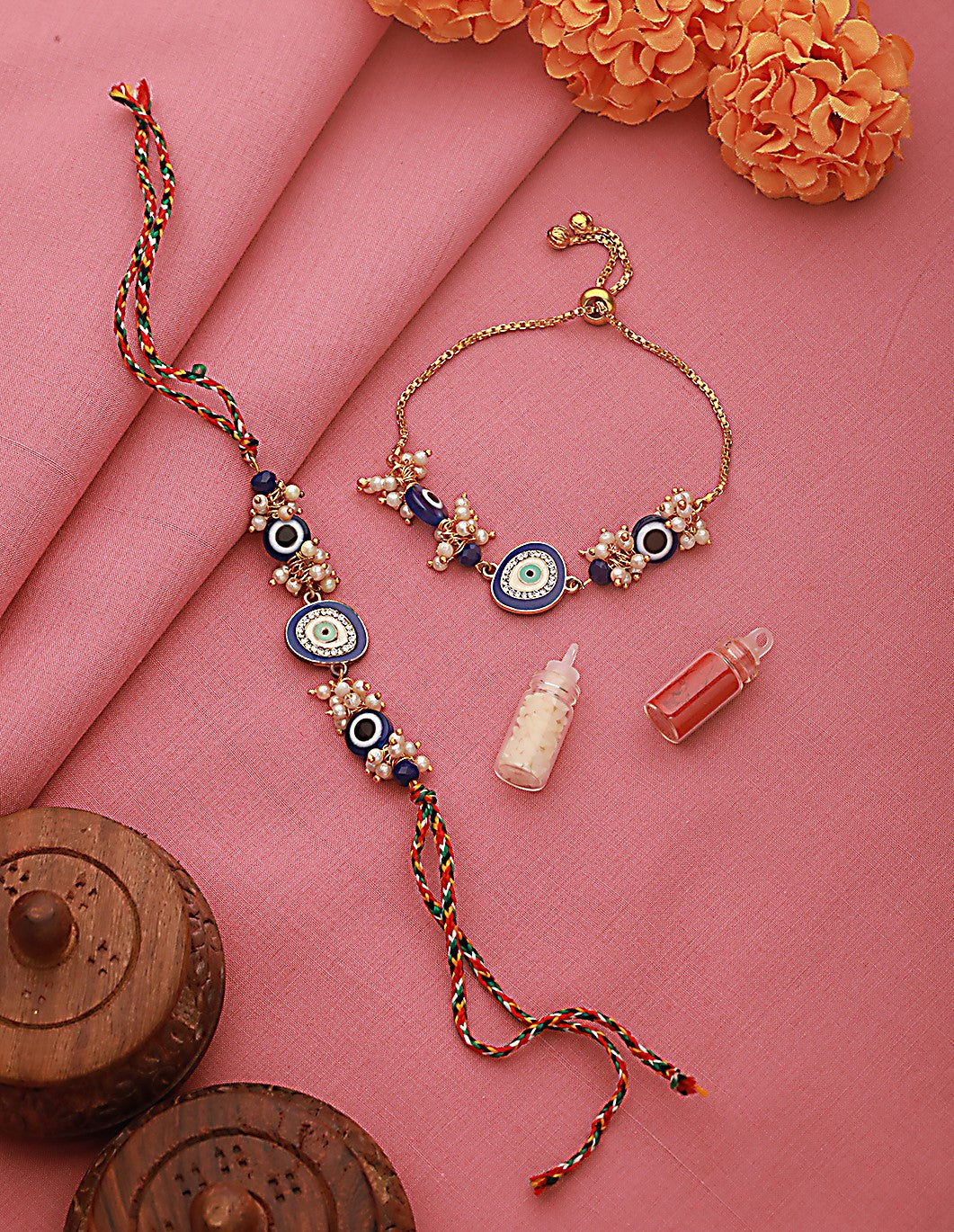 Set Of 2 Evil Eye & Mogra Beaded Bhaiya Bhabhi Rakhi With Roli & Chawal