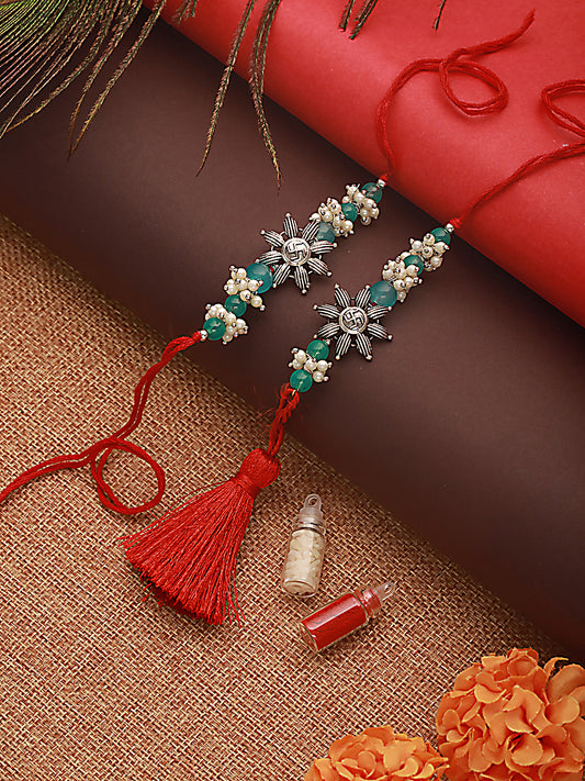 Set Of 2 Swastik Motif & Mogra Beaded Bhaiya Bhabhi Tasseled Rakhi With Roli & Chawal