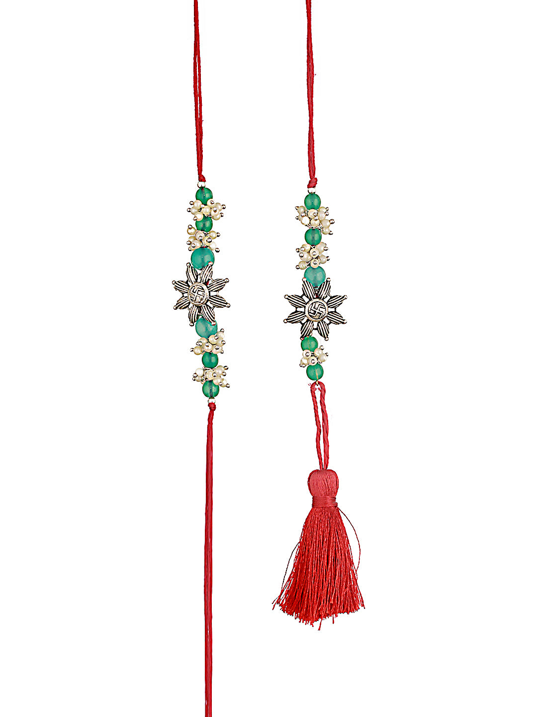 Jazz and Sizzle Set Of 2 Swastik Motif & Mogra Beaded Bhaiya Bhabhi Tasseled Rakhi