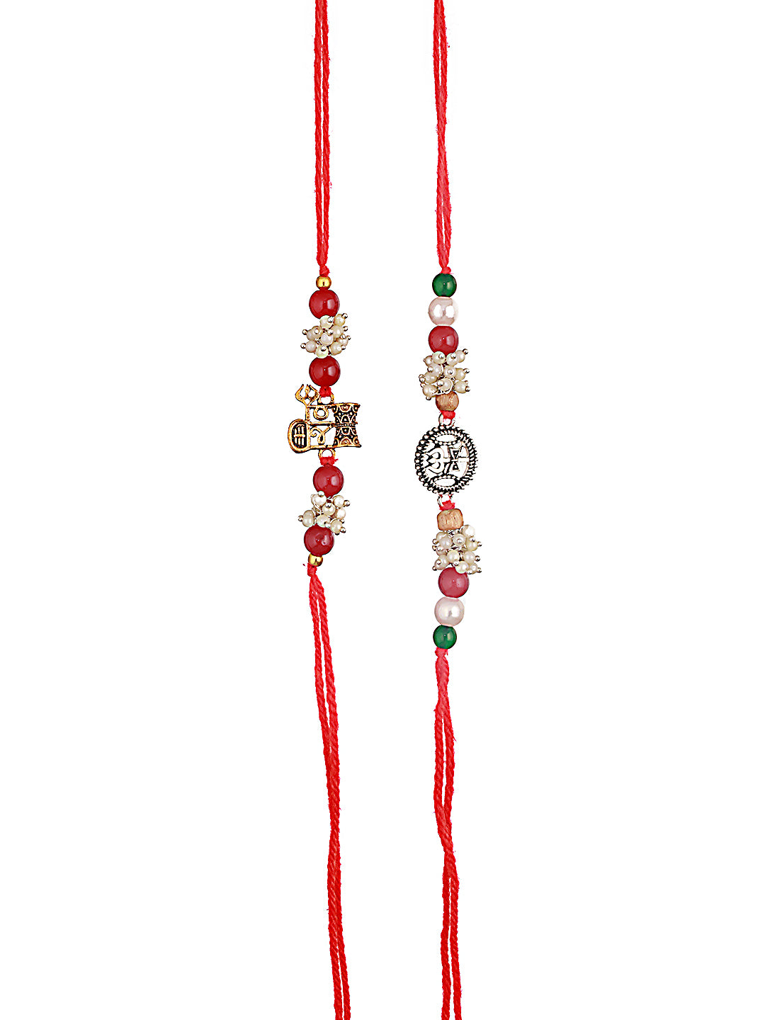 Set Of 2 Trishul & Shiva Dumroo Mogra Beaded Rakhi With Roli & Chawal