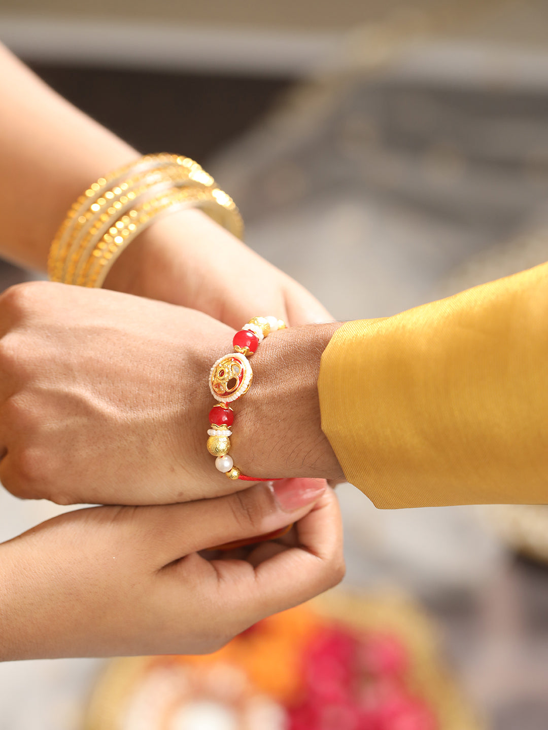 Set Of 2 Kundan Studded & Beaded Bhaiya Bhabhi Rakhi With Roli & Chawal