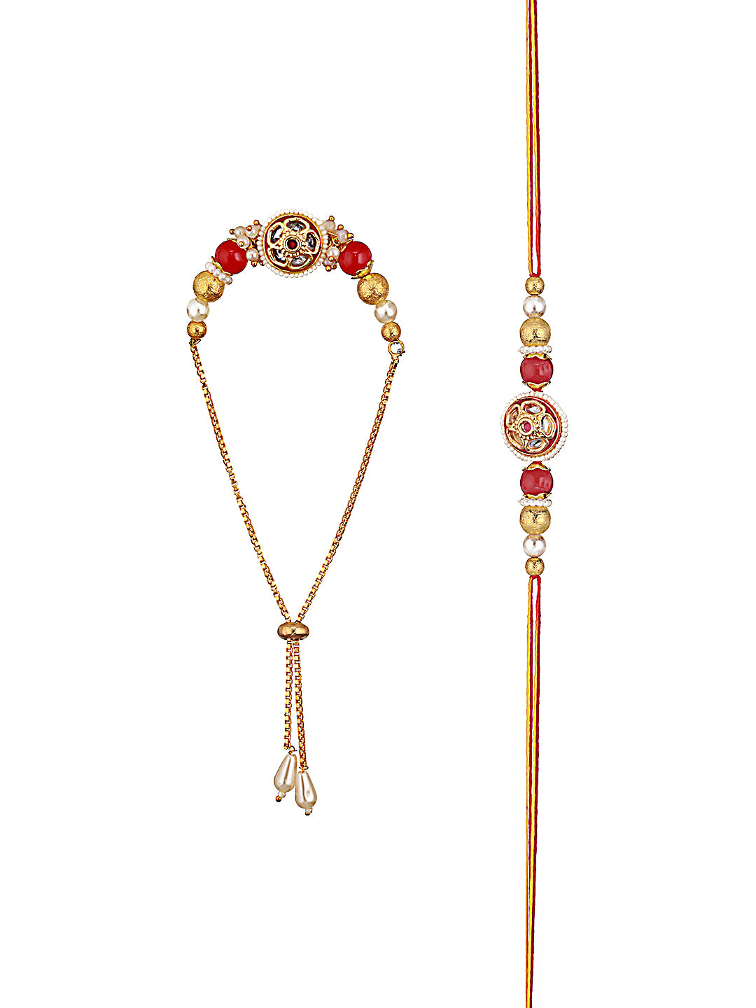 Set Of 2 Kundan Studded & Beaded Bhaiya Bhabhi Rakhi With Roli & Chawal